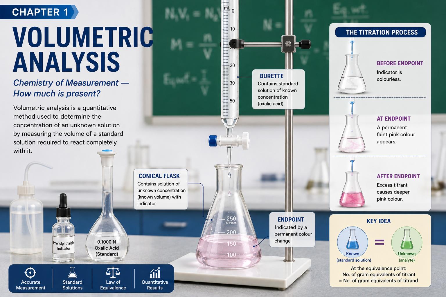 Chapter 1: Volumetric Analysis infographic showing a titration setup with burette, conical flask, indicator, and the titration process before, at, and after the endpoint